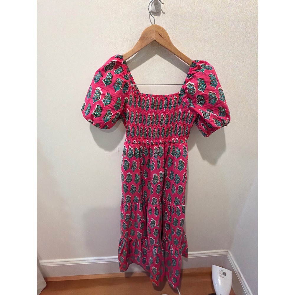 Boden Pink Floral Block Print Smocked Tiered Midi Dress US 4P Puff Sleeve Pocket